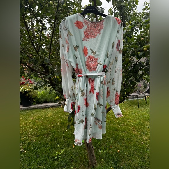 JF LEFON Mint Green Floral Long Sleeve Faux Wrap Belted Mini Dress, Sz L - Picture 7 of 16
